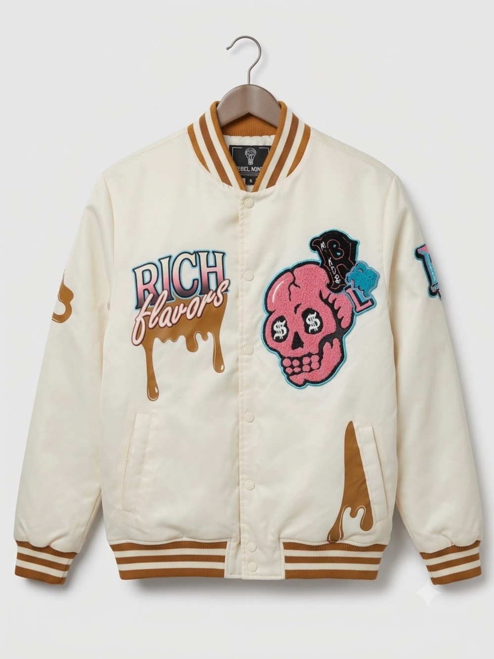Rebel Minds Cream 'Rich Flavors' Embroidered Kids Satin Bomber Jacket